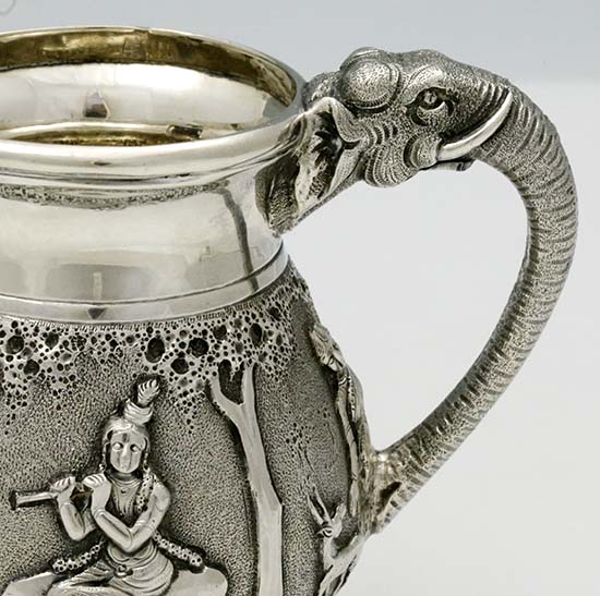 detail of handle elephant detail on P Orr silver teaset
