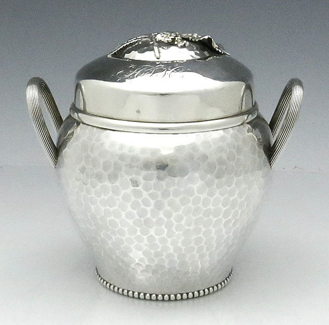 Wood and Hughes hammered tea caddy sterling silver