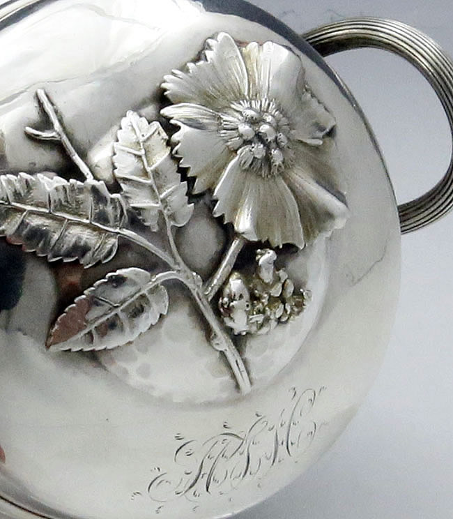 applied flowers on Wood & Hughes tea caddy hammered sterling silver