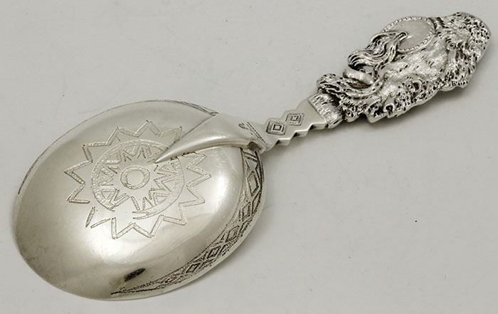 revewrse of Tiffany Indian bon bon spoon made for the Columbian Expo