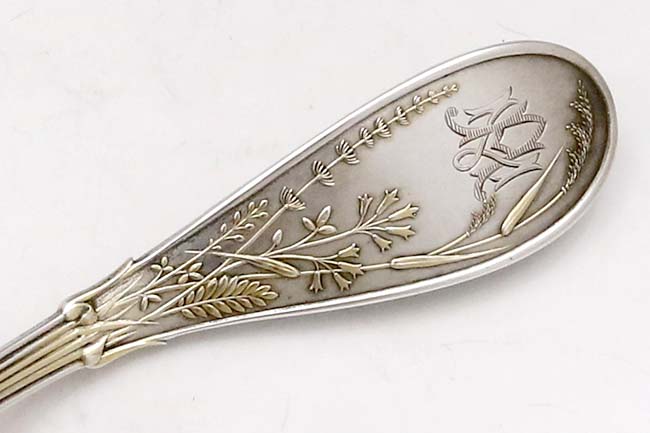 reverse of handle showing cartouche and engraved Victorian style monogram on Tiffany Japanese ladle