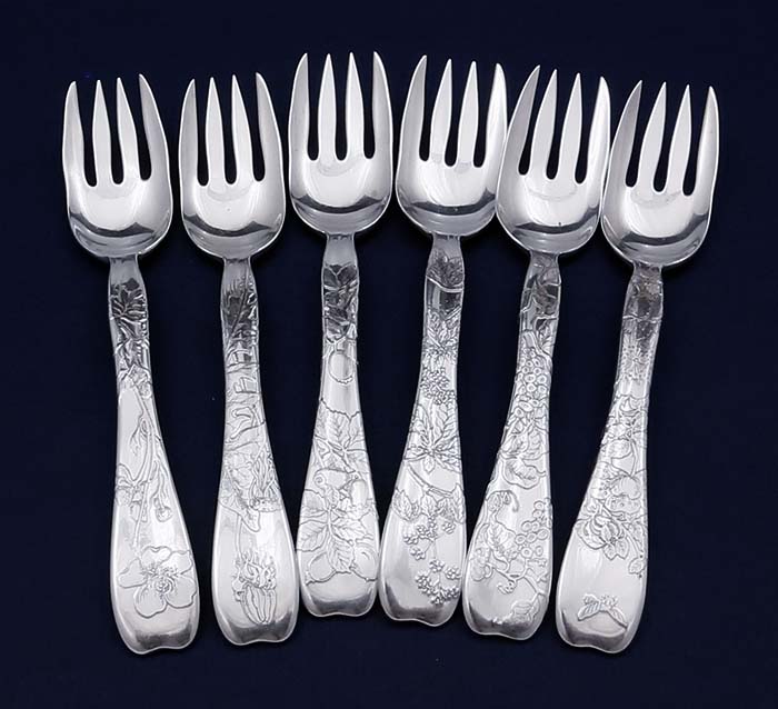 Tiffany lap over edge sterling silver acid etched fish forks