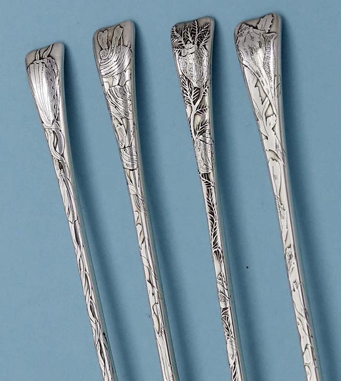 Tiffany acid etched lap over edge cocktail or seafood forks