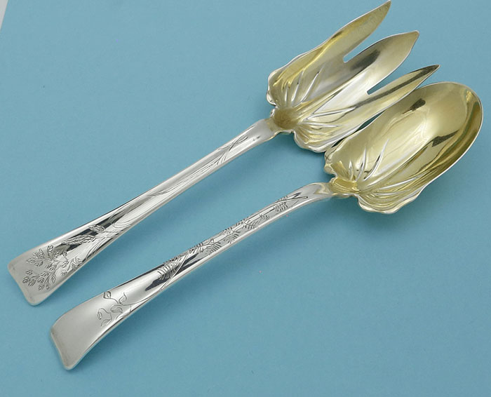 Tiffany engraved long handle salad set lap over edge