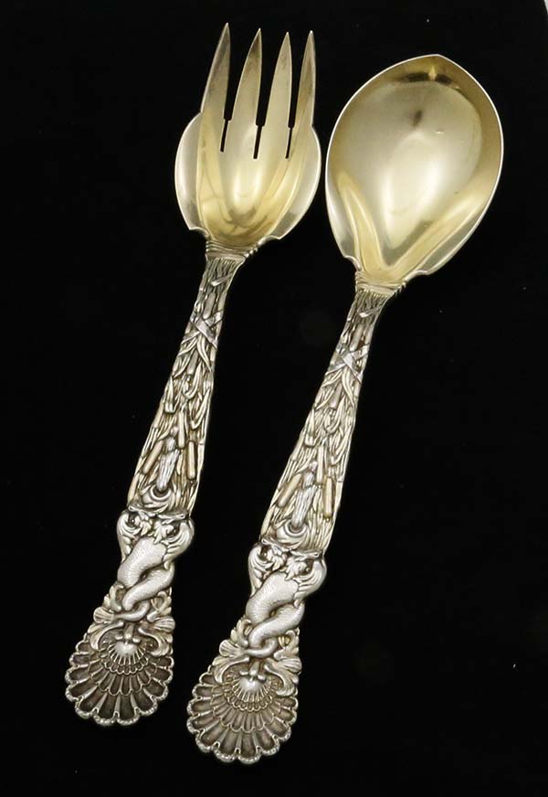 Tiffany Dolphin pattern sterling gold wasged salad serving set