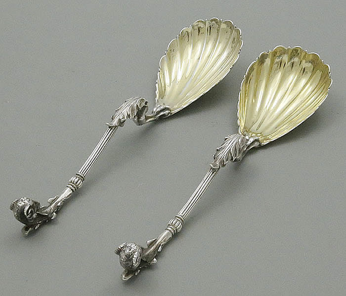 Tiffany ram's head pair of spoons with shell bowls Moore