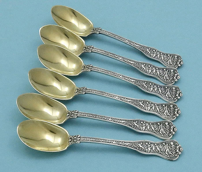 Tiffany Olympian sterling set 6 ice cream spoons gold washed bowls