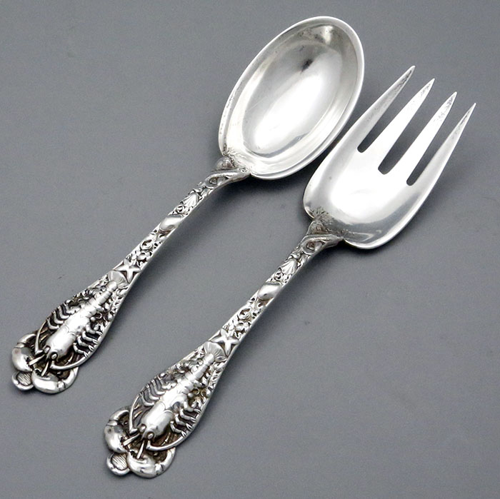 Two piece Watson antique sterling silver salad set with lobsters on the handles