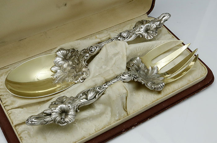 In the fitted case Whiting antique sterling salad serving set